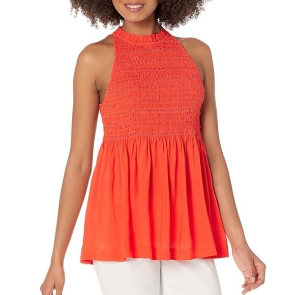 Trina Turk 'El Rancho' Smocked Sleeveless Halter Top, Torch Orange - Picture 1 of 2